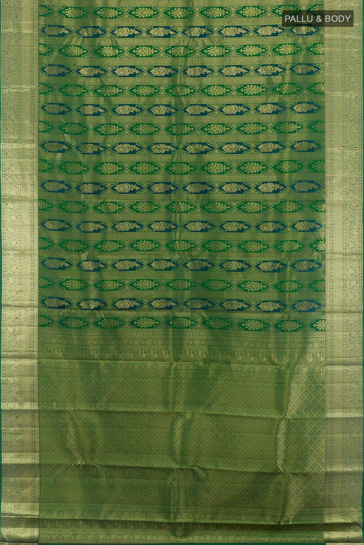 Flat view of Green Kanchipuram Silk Saree with Zari Brocade on the body and Zari Border. 