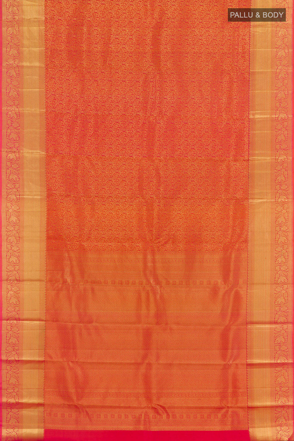 Flat view of Red Kanchipuram Silk Saree with Zari Brocade on the body and Zari Border. 