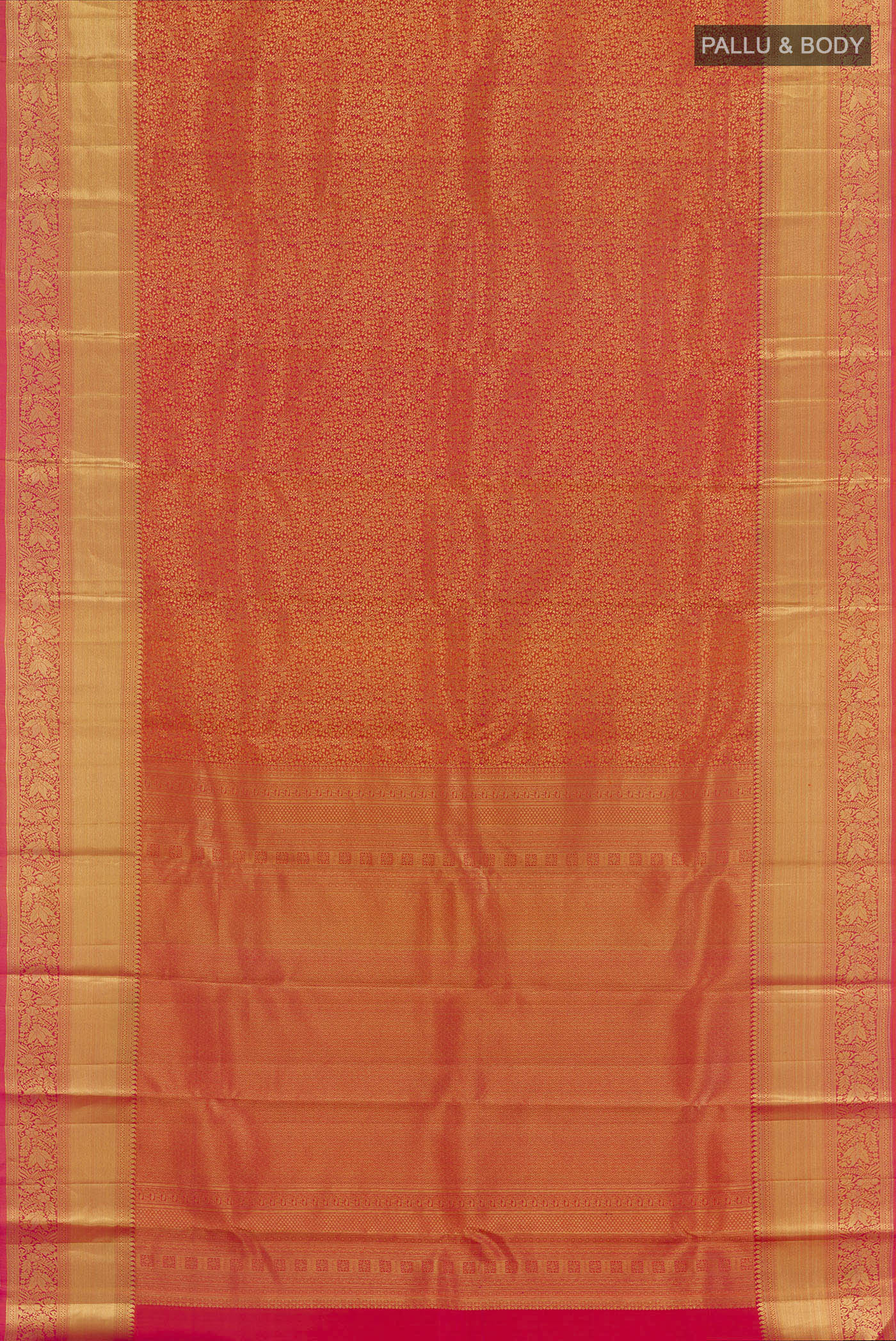 Flat view of Red Kanchipuram Silk Saree with Zari Brocade on the body and Zari Border. 
