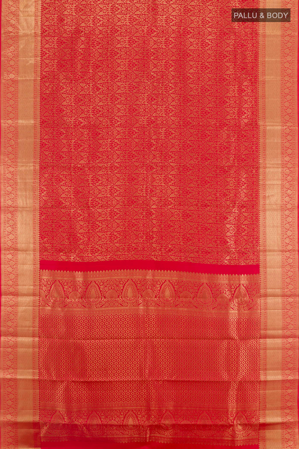 Flat view of Red Kanchipuram Silk Saree with Zari Brocade on the body and Zari Border. 