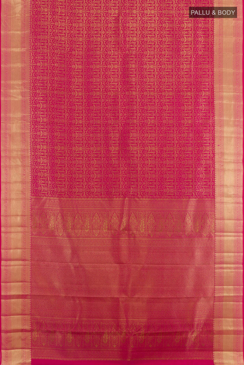 Flat view of Rani Pink Kanchipuram Silk Saree with Zari Brocade on the body and Zari Border. 