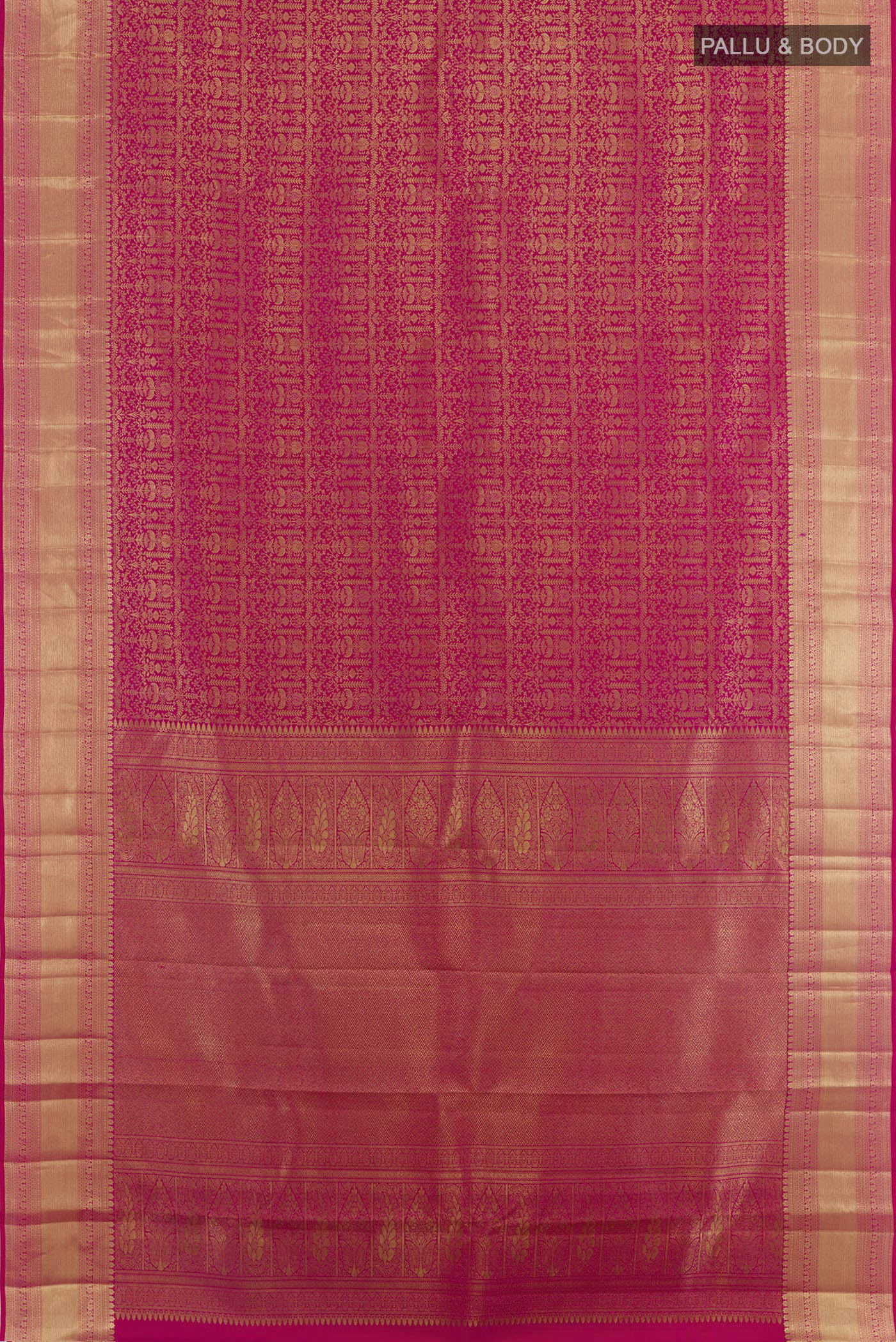 Flat view of Rani Pink Kanchipuram Silk Saree with Zari Brocade on the body and Zari Border. 
