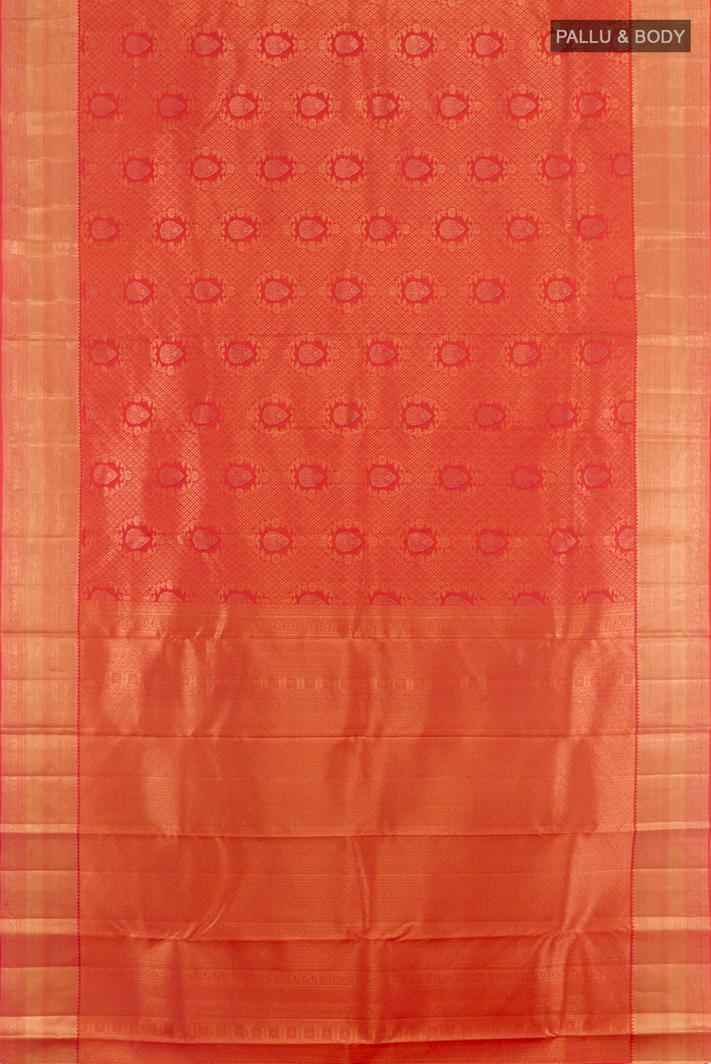 Flat view of Peach Kanchipuram Silk Saree with Zari Brocade on the body and Zari Border. 