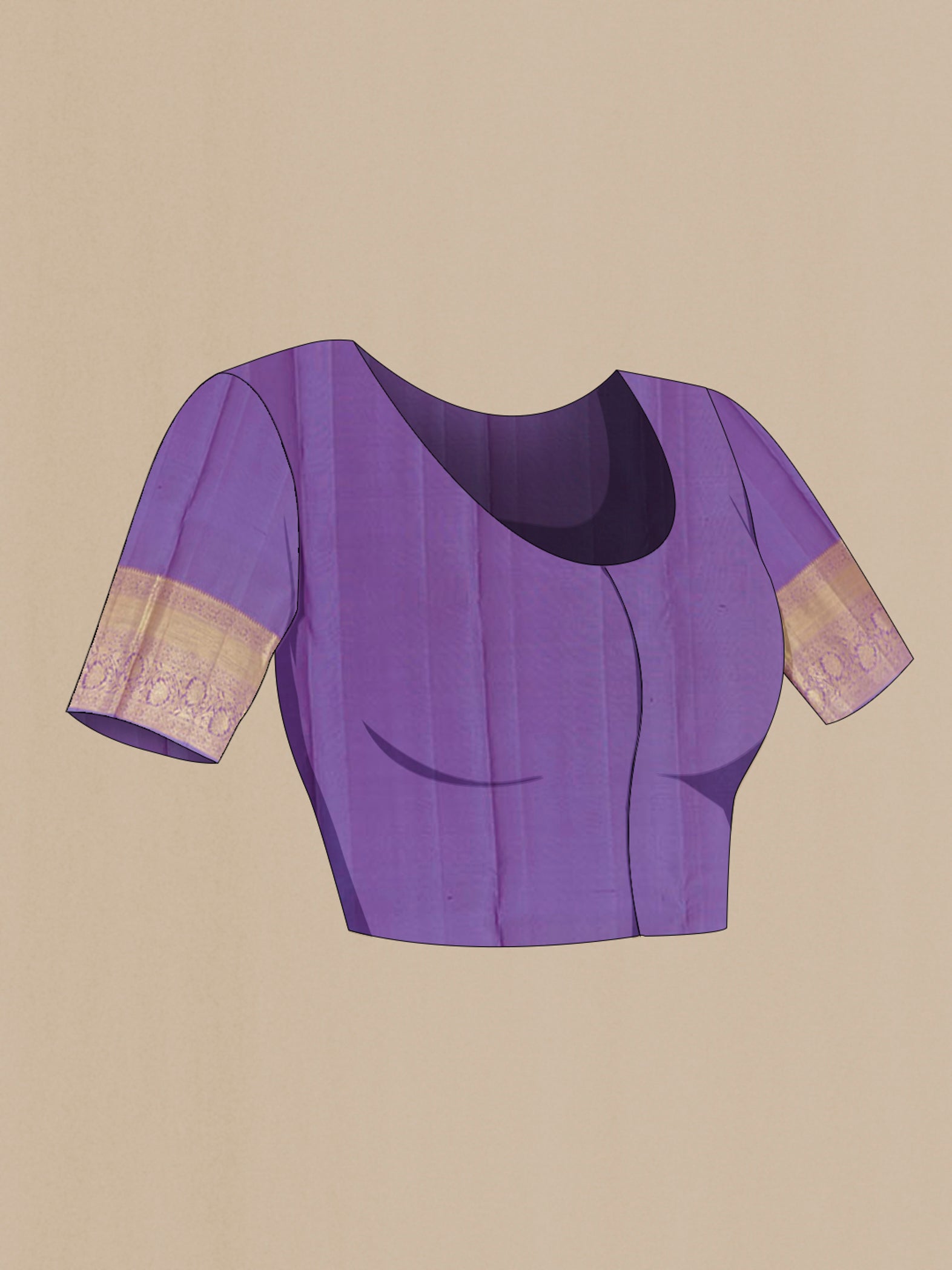 Close up image of the blouse of Lavender Kanchipuram Silk Saree with Zari Brocade on the body and Zari Border. 