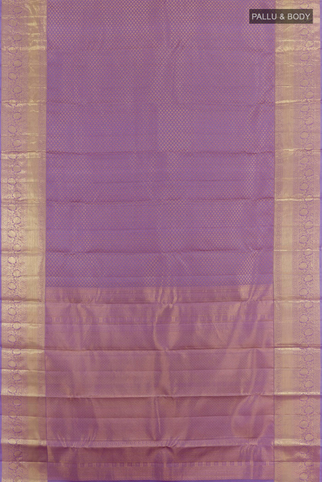 Flat view of Lavender Kanchipuram Silk Saree with Zari Brocade on the body and Zari Border. 