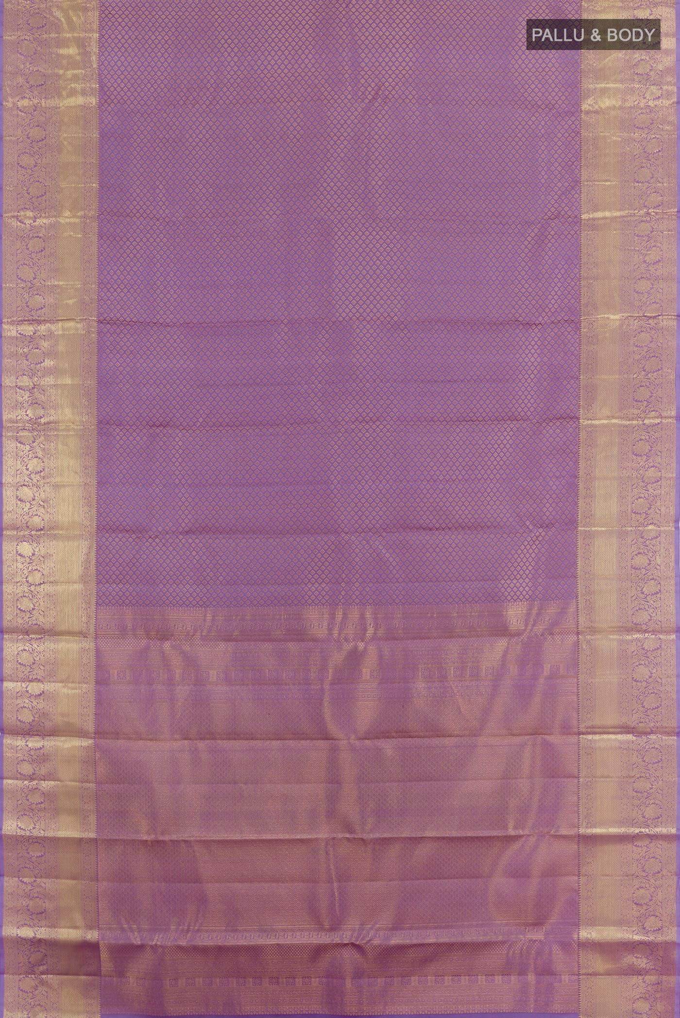 Flat view of Lavender Kanchipuram Silk Saree with Zari Brocade on the body and Zari Border. 