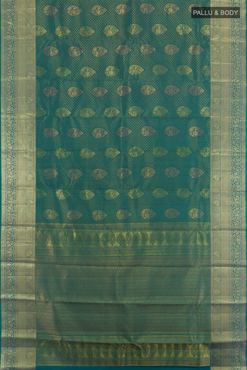 Flat view of Green Kanchipuram Silk Saree with Zari Brocade on the body and Zari Border. 