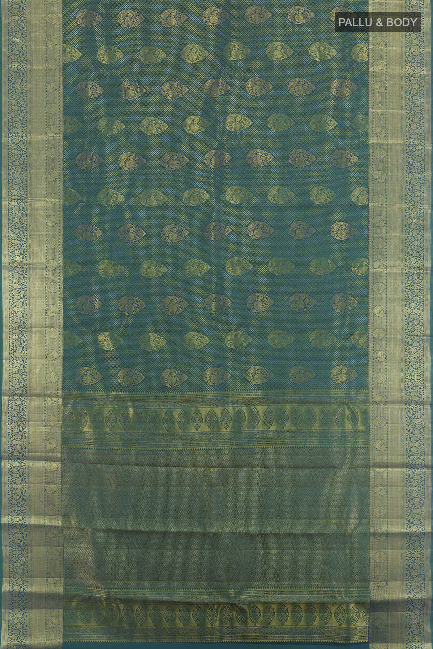 Flat view of Green Kanchipuram Silk Saree with Zari Brocade on the body and Zari Border. 