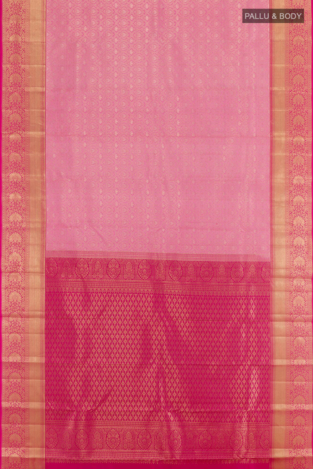 Flat view of Pink Kanchipuram Silk Saree with Zari Brocade on the body and Zari Border. 