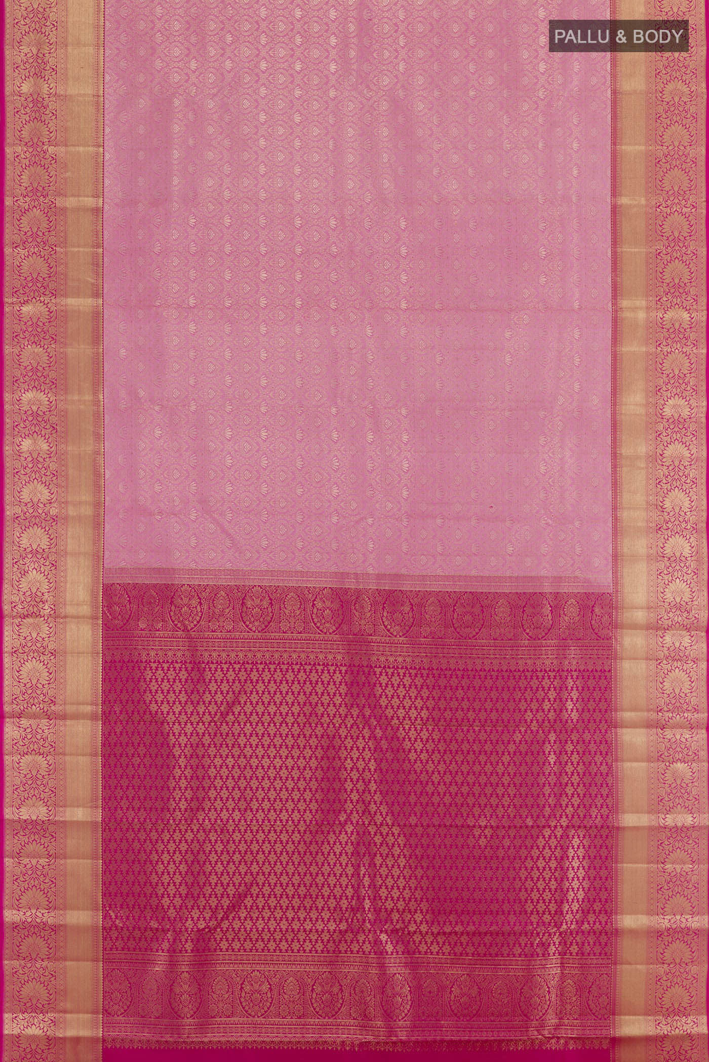 Flat view of Pink Kanchipuram Silk Saree with Zari Brocade on the body and Zari Border. 