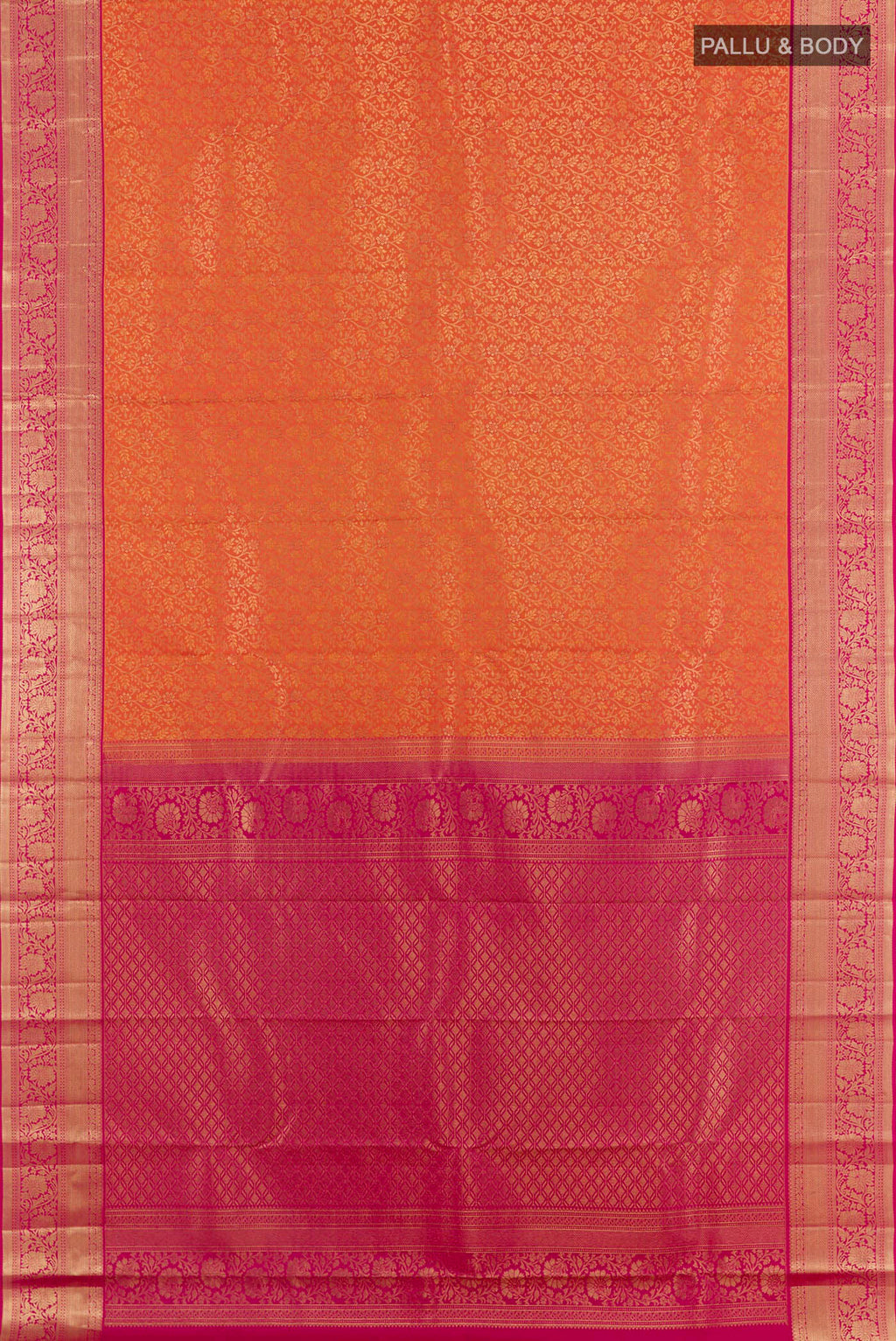 Flat view of Orange Kanchipuram Silk Saree with Zari Brocade on the body and Zari Border. 