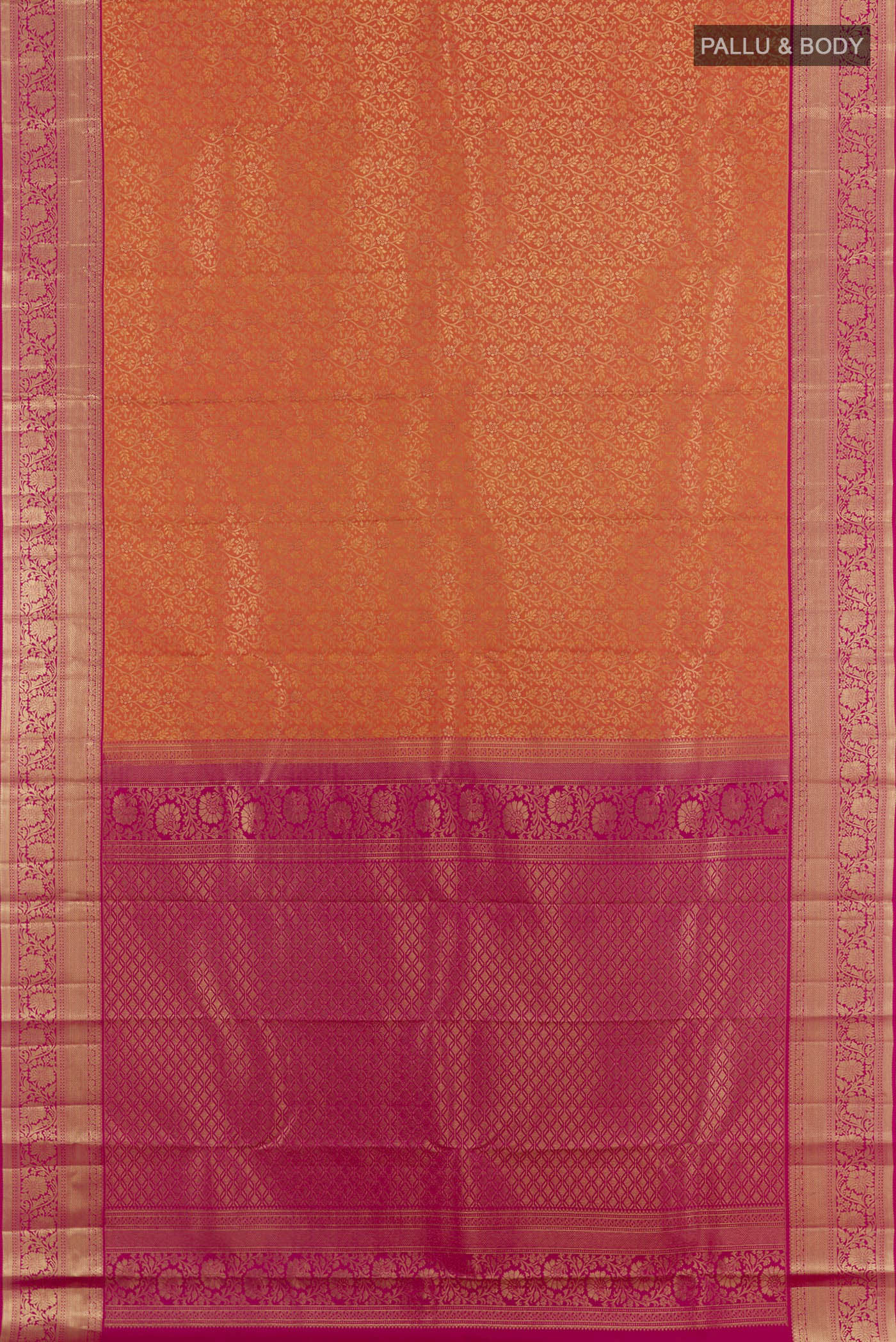 Flat view of Orange Kanchipuram Silk Saree with Zari Brocade on the body and Zari Border. 