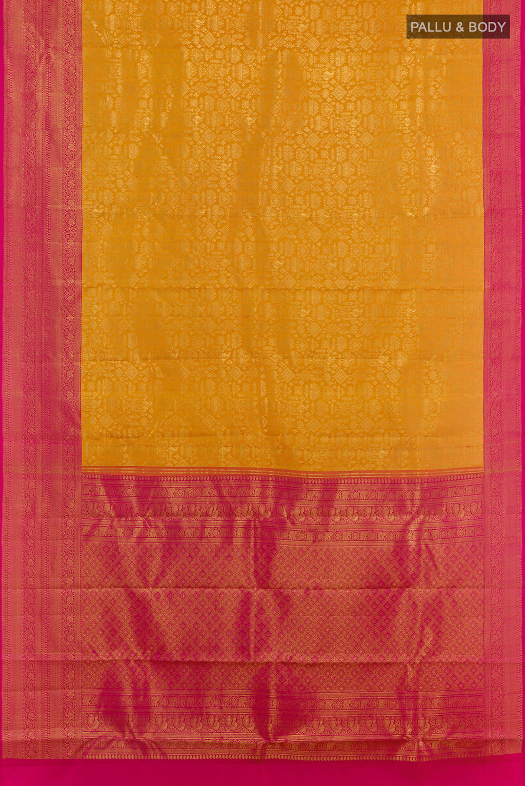 Flat view of Yellow Kanchipuram Silk Saree with Zari Brocade on the body and Zari Border. 