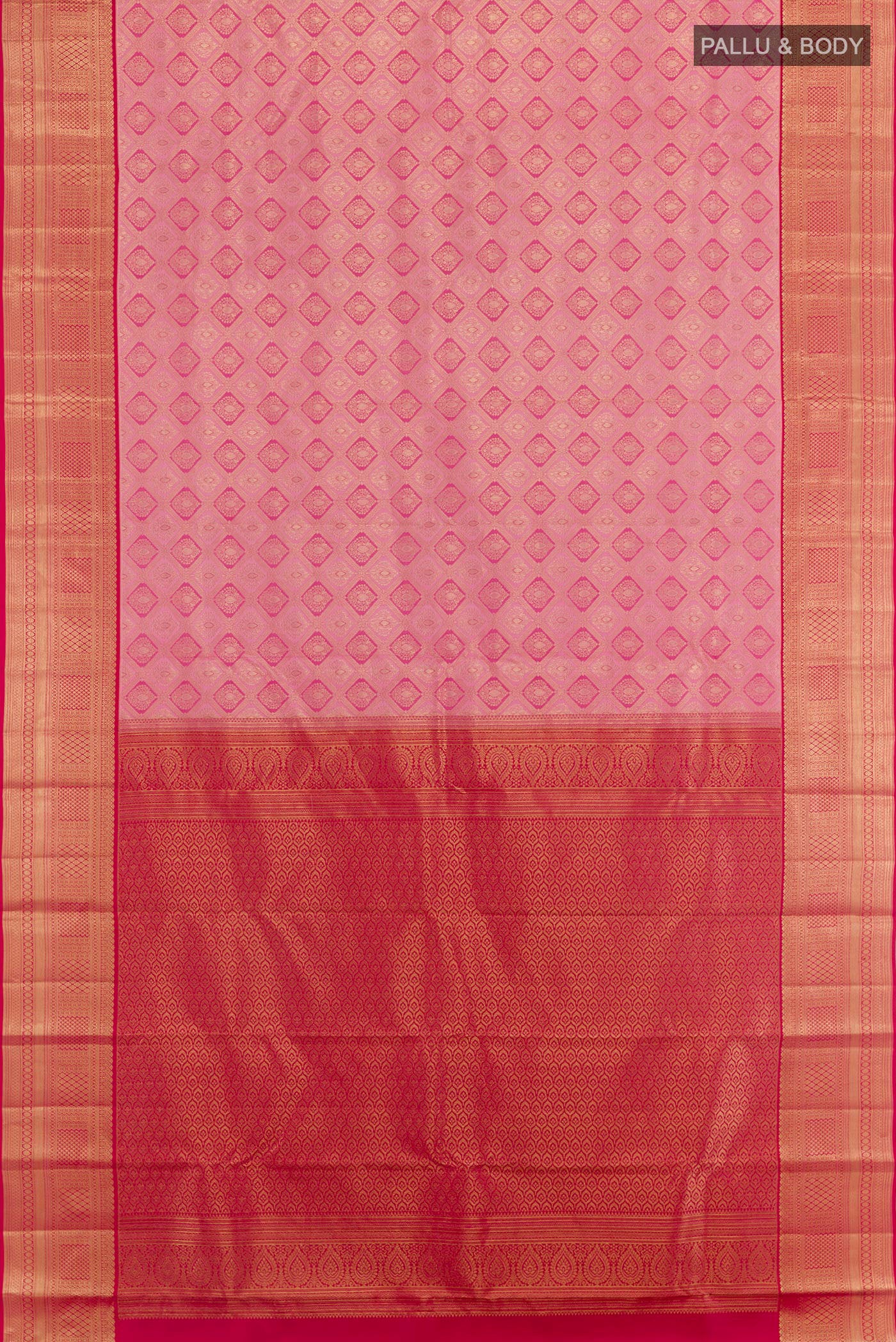 Flat view of Pink Kanchipuram Silk Saree with Zari Brocade on the body and Zari Border. 