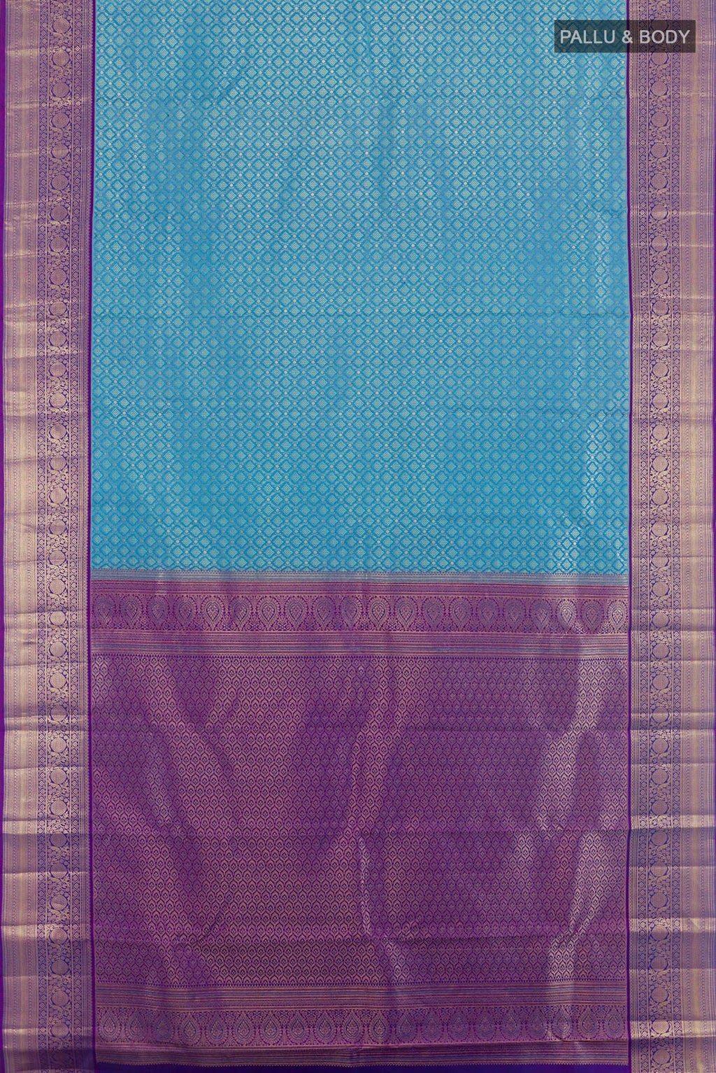 Flat view of Blue Kanchipuram Silk Saree with Zari Brocade on the body and Zari Border. 