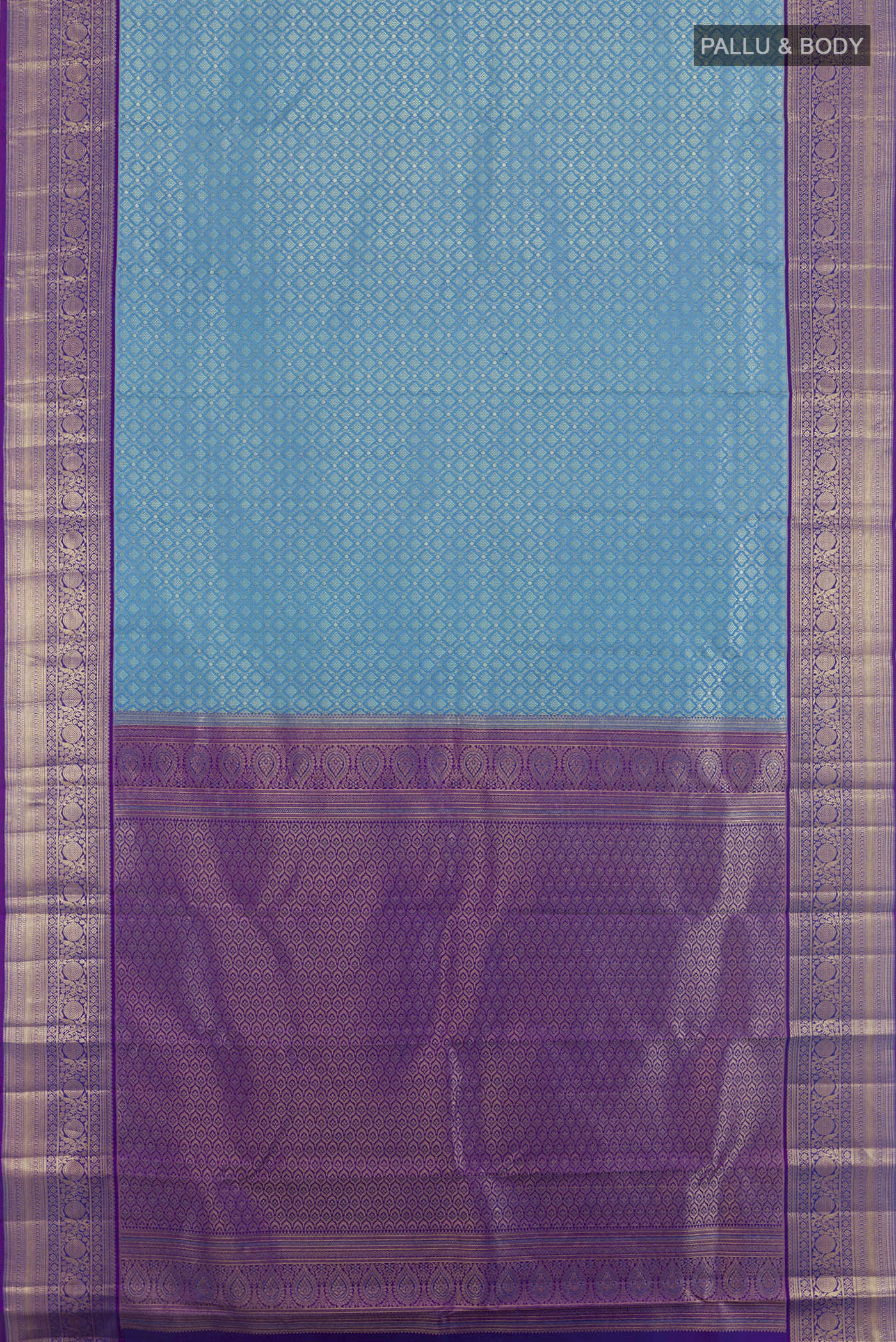 Flat view of Blue Kanchipuram Silk Saree with Zari Brocade on the body and Zari Border. 