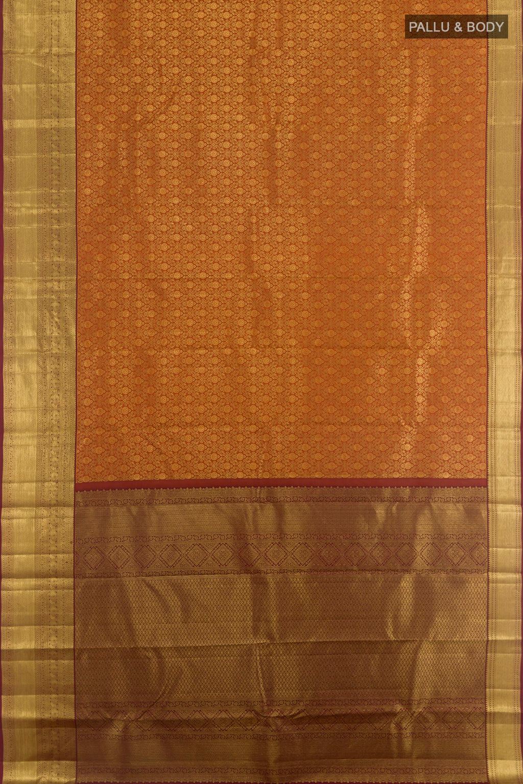 Flat view of Mustard Kanchipuram Silk Saree with Zari Brocade on the body and Zari Border. 