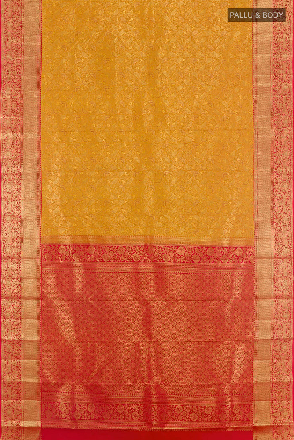 Flat view of Yellow Kanchipuram Silk Saree with Jacquard design on the body and Zari Border. 