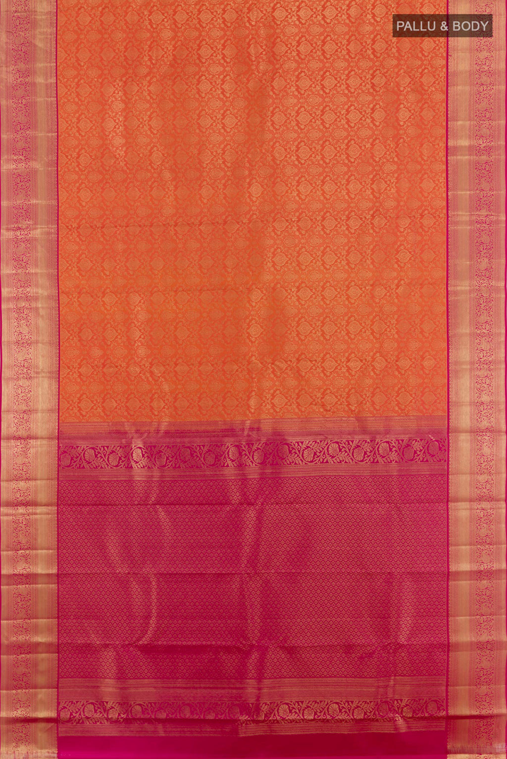 Flat view of Orange Kanchipuram Silk Saree with Zari Brocade on the body and Zari Border. 