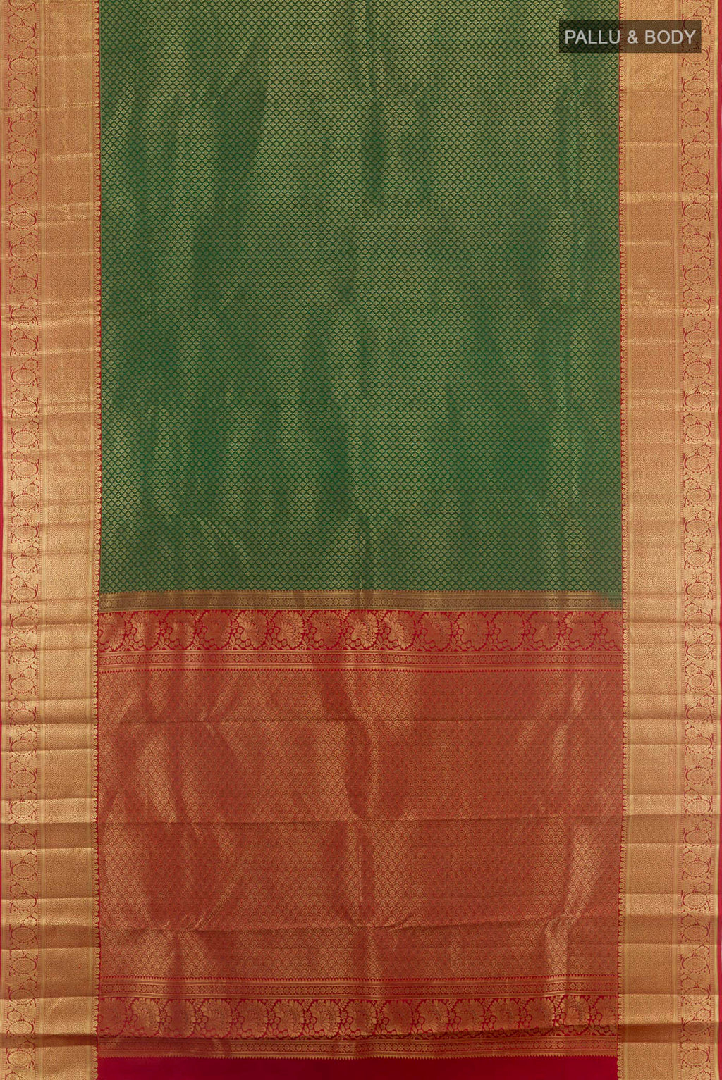 Flat view of Green Kanchipuram Silk Saree with Zari Brocade on the body and Zari Border. 