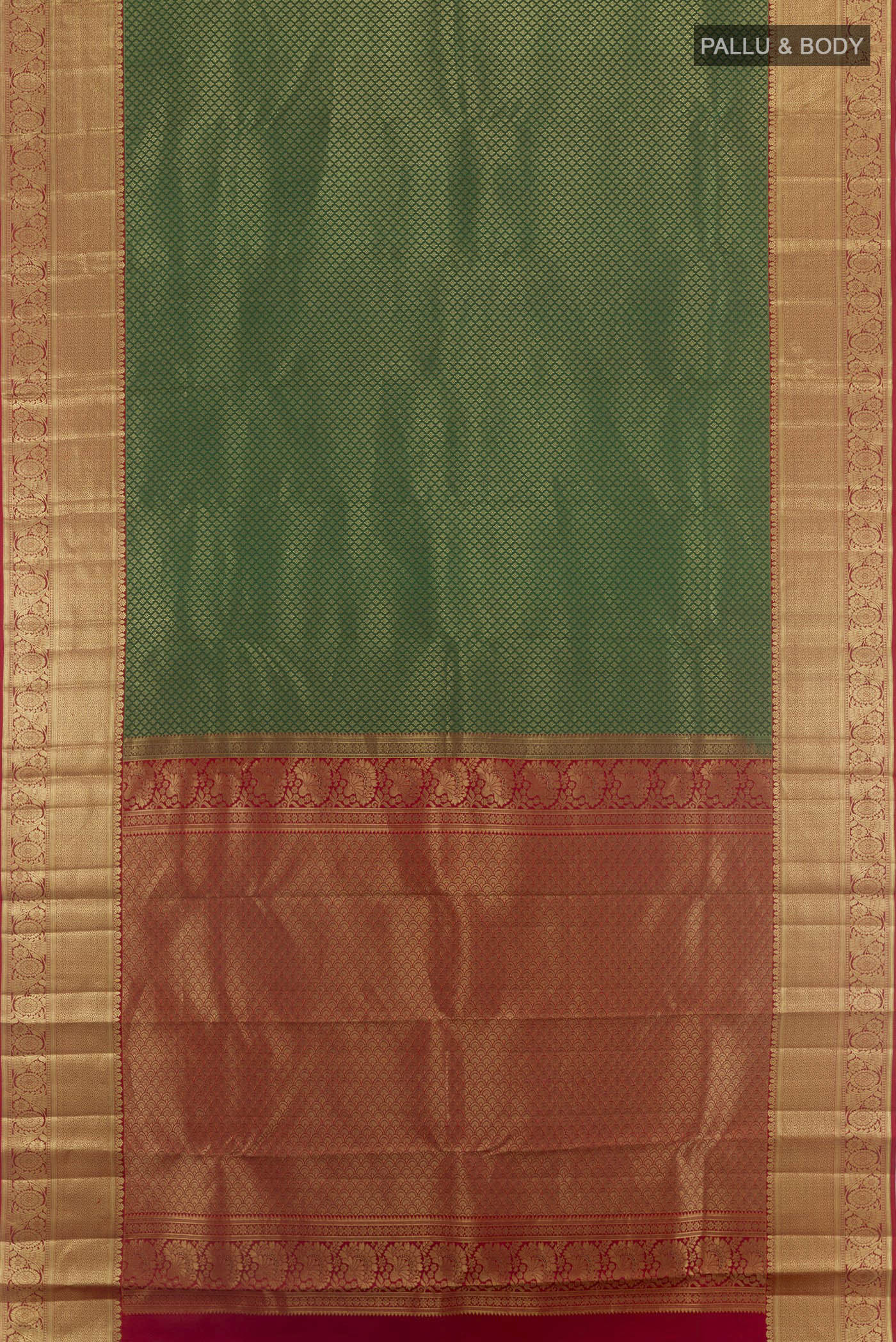 Flat view of Green Kanchipuram Silk Saree with Zari Brocade on the body and Zari Border. 