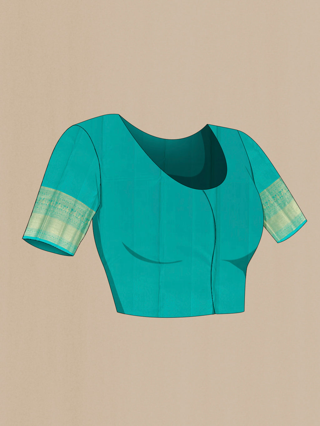 Close up image of the blouse of Green Kanchipuram Silk Saree with Zari Brocade on the body and Zari Border. 