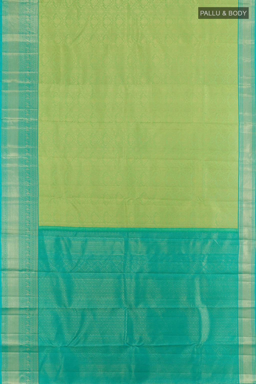 Flat view of Green Kanchipuram Silk Saree with Zari Brocade on the body and Zari Border. 