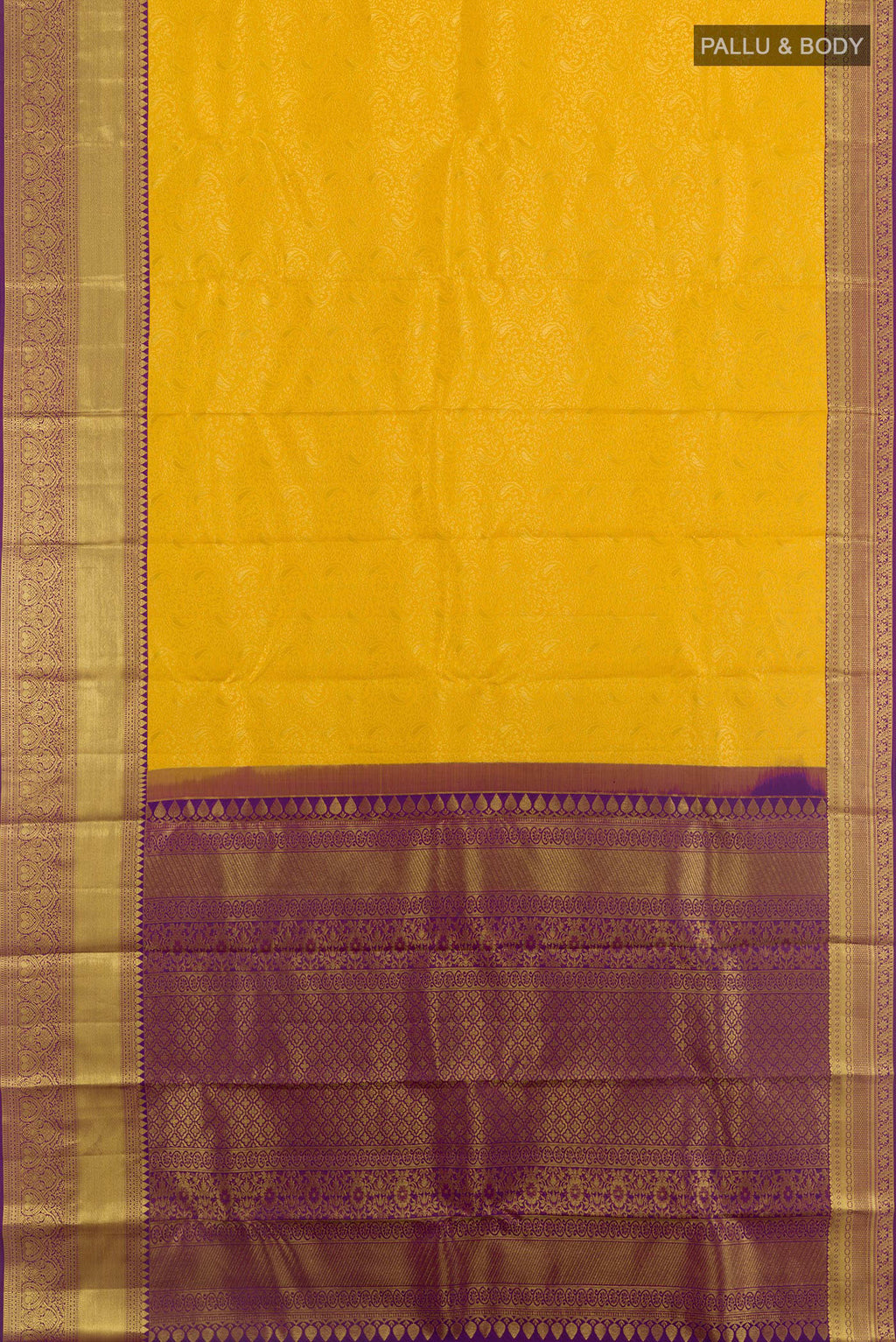 Flat view of Yellow Kanchipuram Silk Saree with Zari Brocade on the body and Zari Border. 