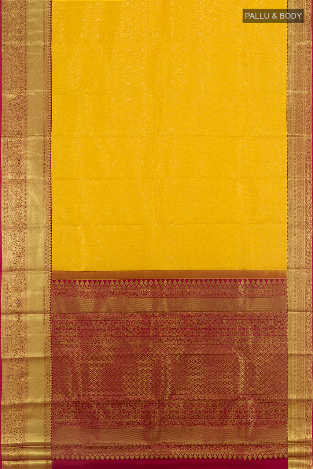 Flat view of Yellow Kanchipuram Silk Saree with Zari Brocade on the body and Zari Border. 
