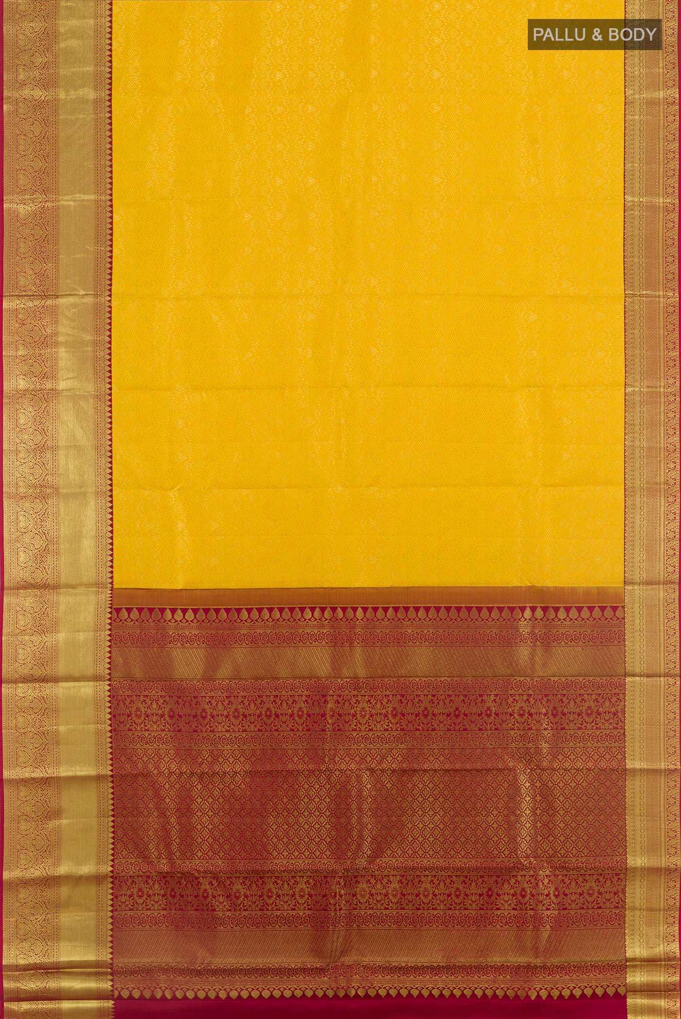 Flat view of Yellow Kanchipuram Silk Saree with Zari Brocade on the body and Zari Border. 