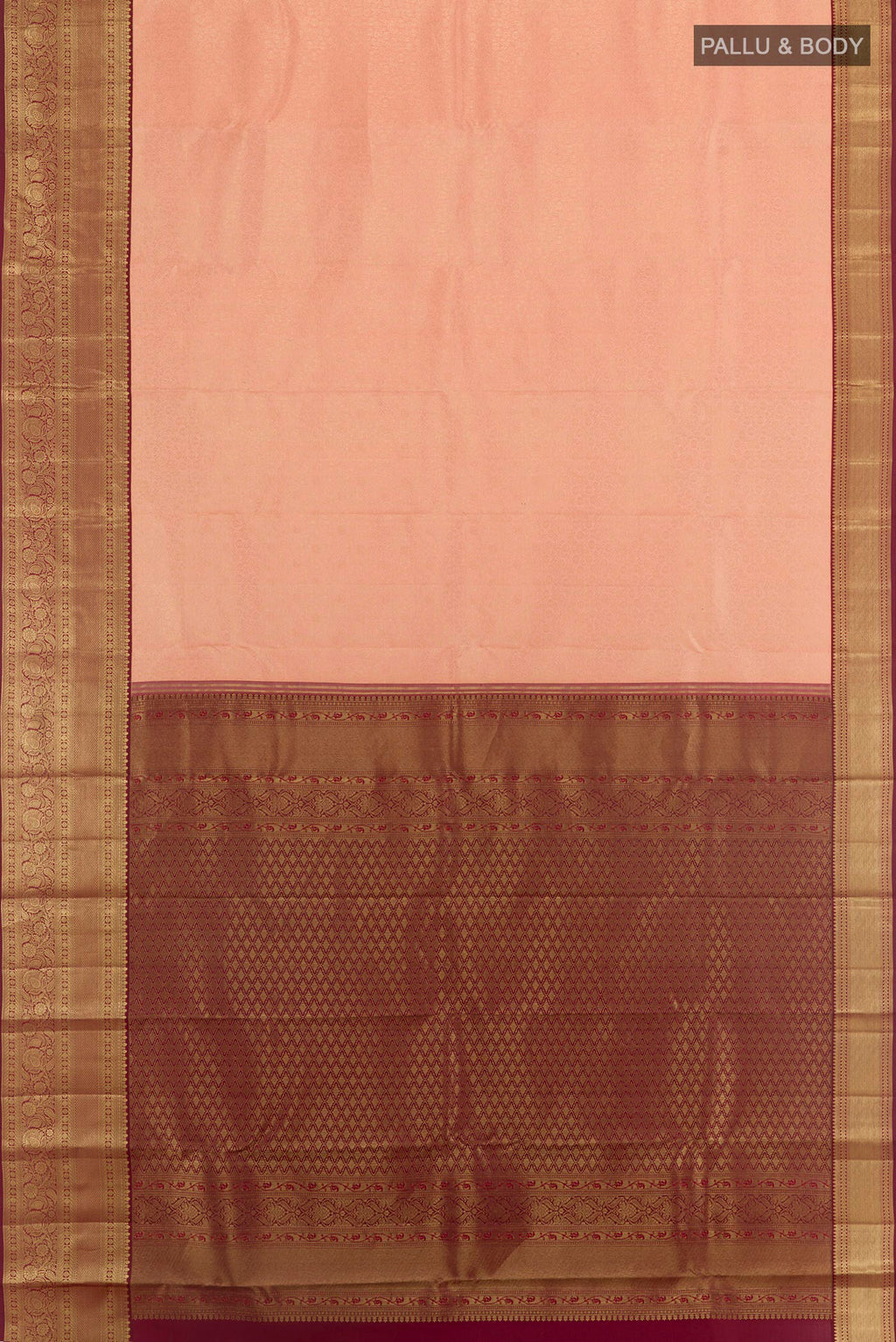 Flat view of Peach Kanchipuram Silk Saree with Zari Brocade on the body and Zari Border. 