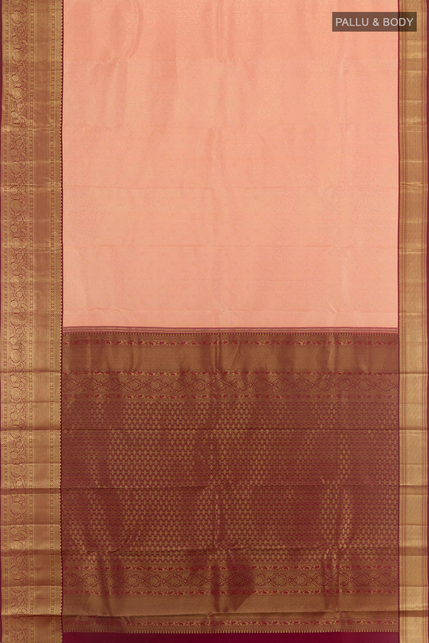 Flat view of Peach Kanchipuram Silk Saree with Zari Brocade on the body and Zari Border. 