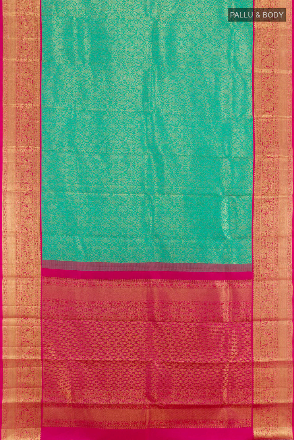 Flat view of Sea Green Kanchipuram Silk Saree with Zari Brocade on the body and Zari Border. 
