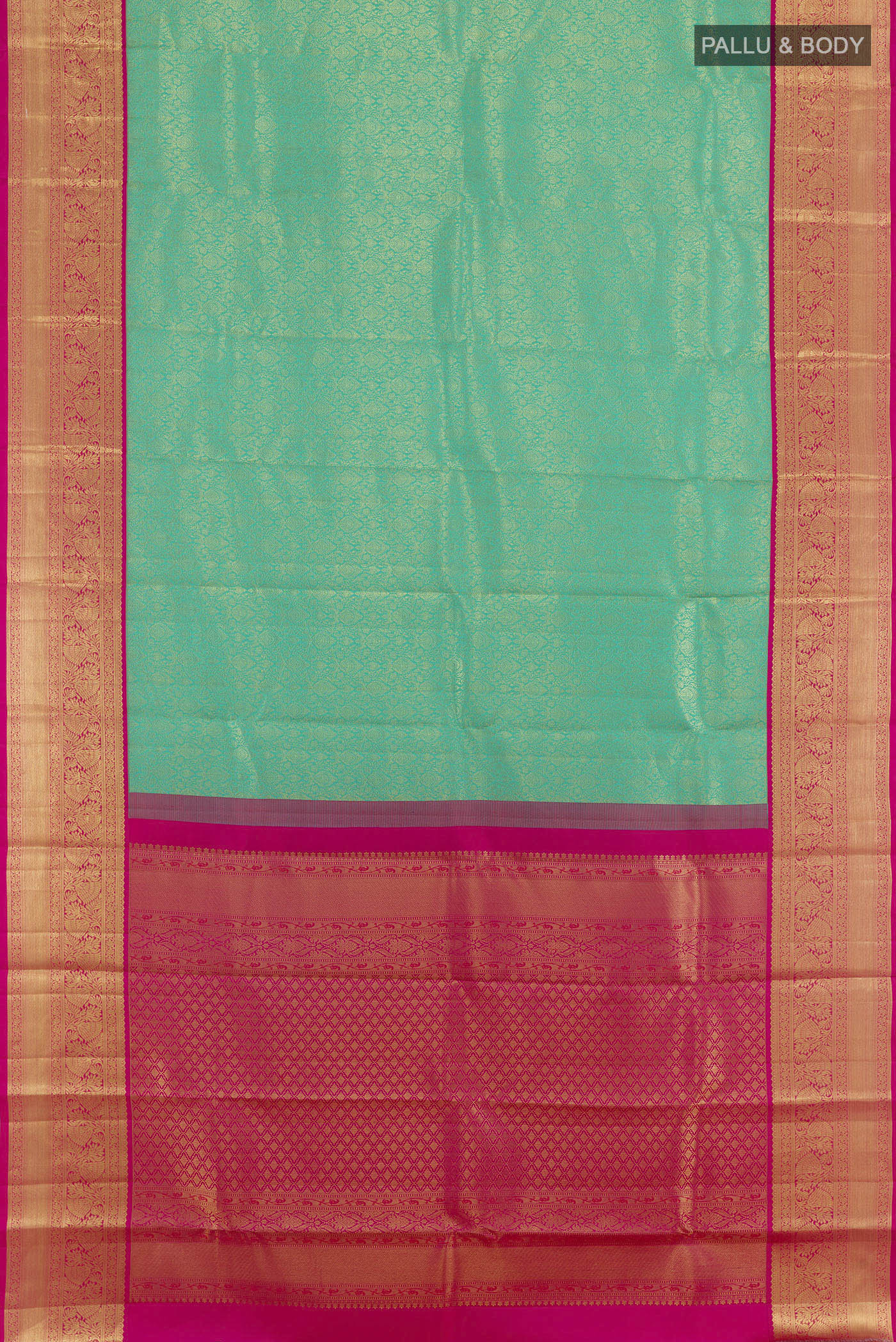 Flat view of Sea Green Kanchipuram Silk Saree with Zari Brocade on the body and Zari Border. 