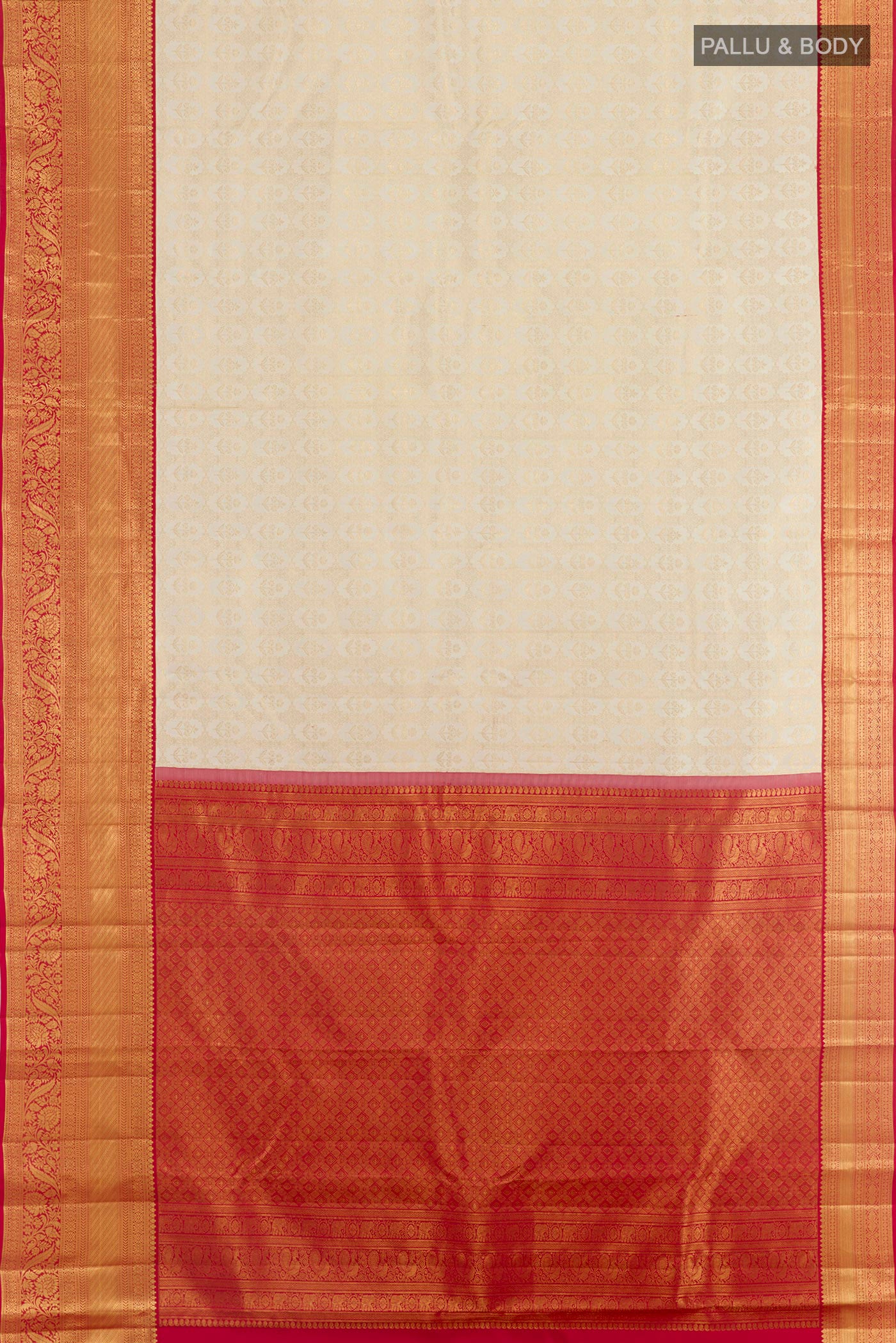 Flat view of Off White Kanchipuram Silk Saree with Zari Brocade on the body and Zari Border. 