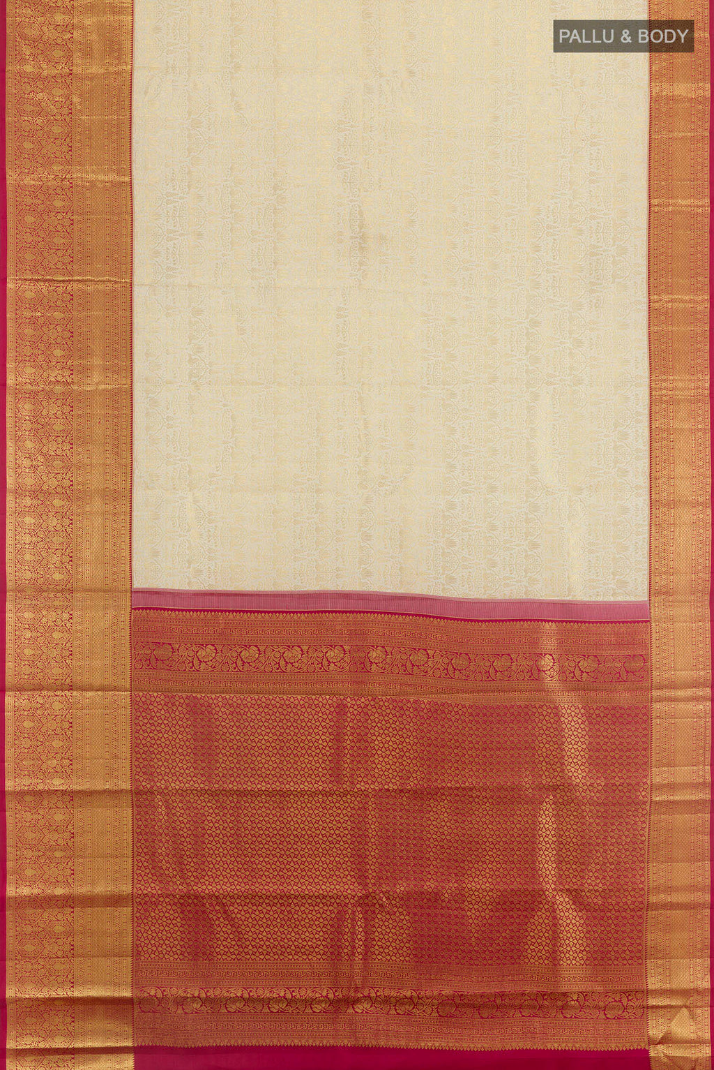 Flat view of Off White Kanchipuram Silk Saree with Zari Brocade on the body and Zari Border. 
