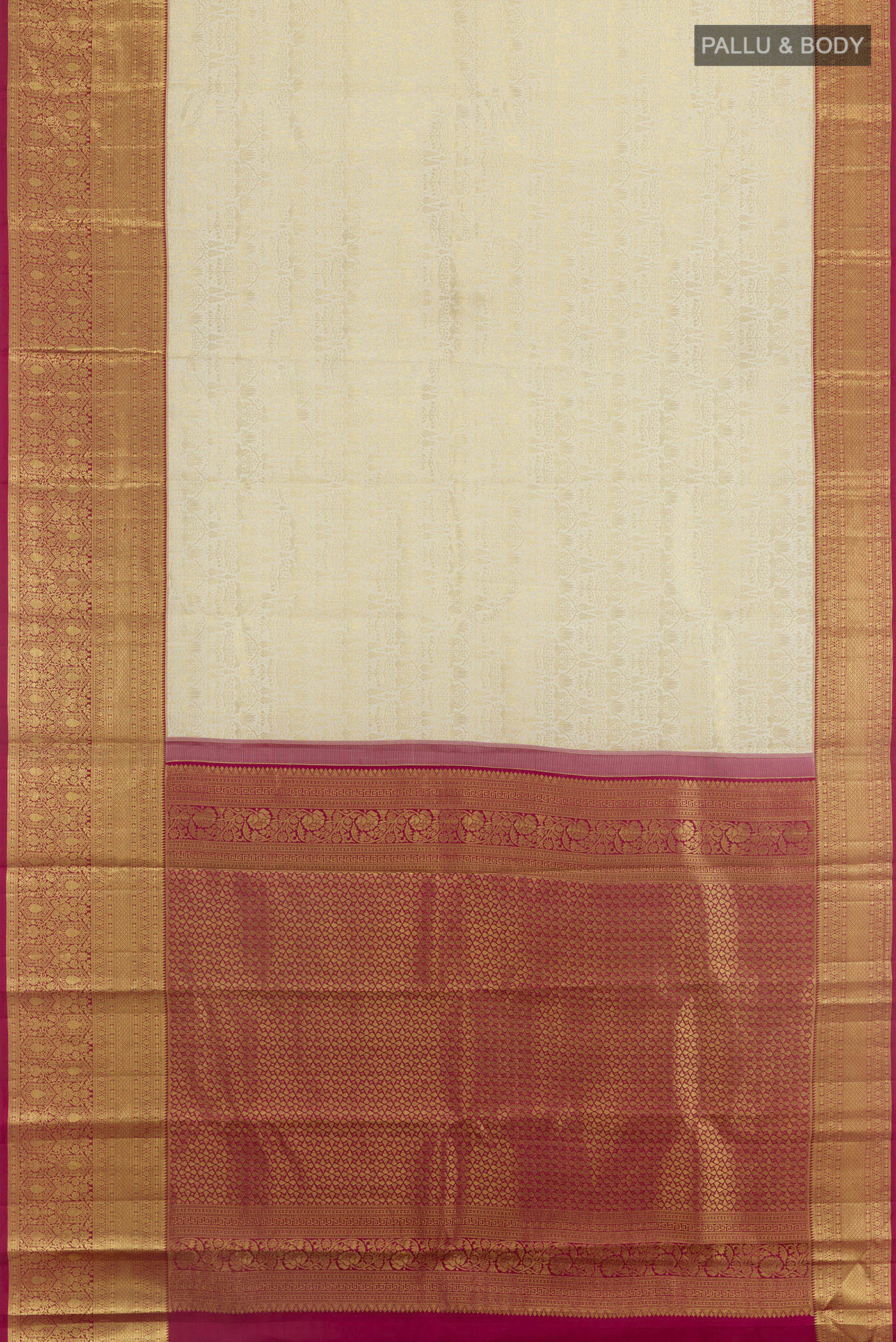 Flat view of Off White Kanchipuram Silk Saree with Zari Brocade on the body and Zari Border. 