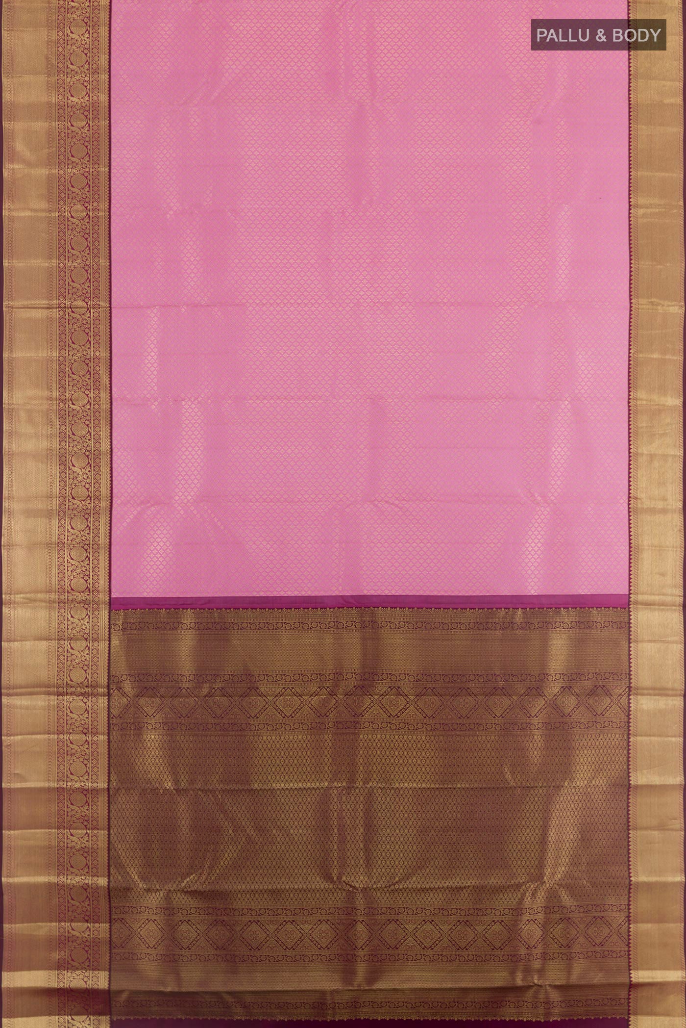 Flat view of Pink Kanchipuram Silk Saree with Zari Brocade on the body and Zari Border. 