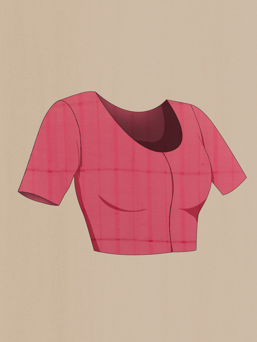 Close up image of the blouse of Pink Tussar Silk Saree with Stripes on the body and Plain Border. 