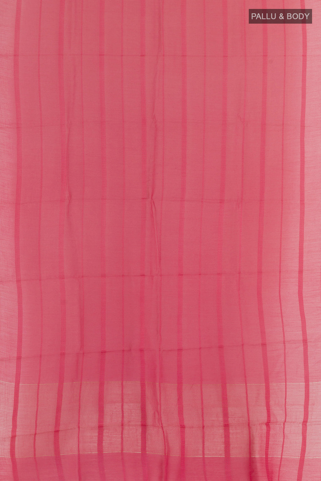 Flat view of Pink Tussar Silk Saree with Stripes on the body and Plain Border. 