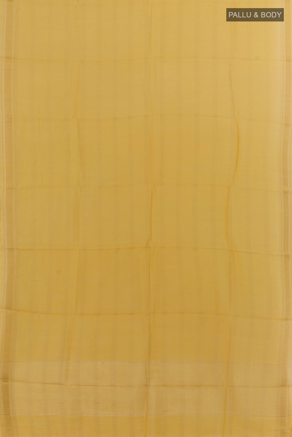 Flat view of Yellow Tussar Saree with Stripes on the body and Zari Border. 