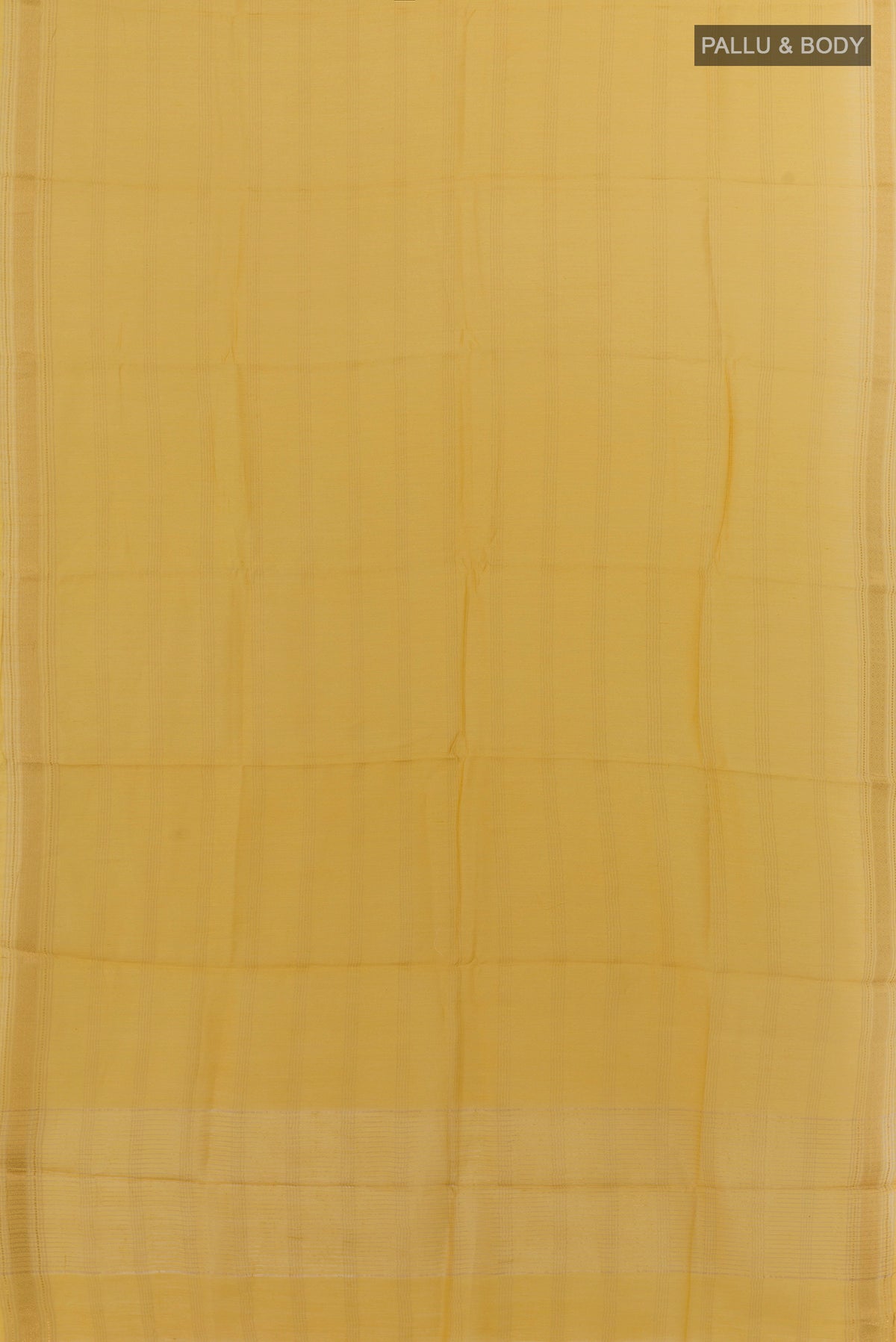Flat view of Yellow Tussar Saree with Stripes on the body and Zari Border. 