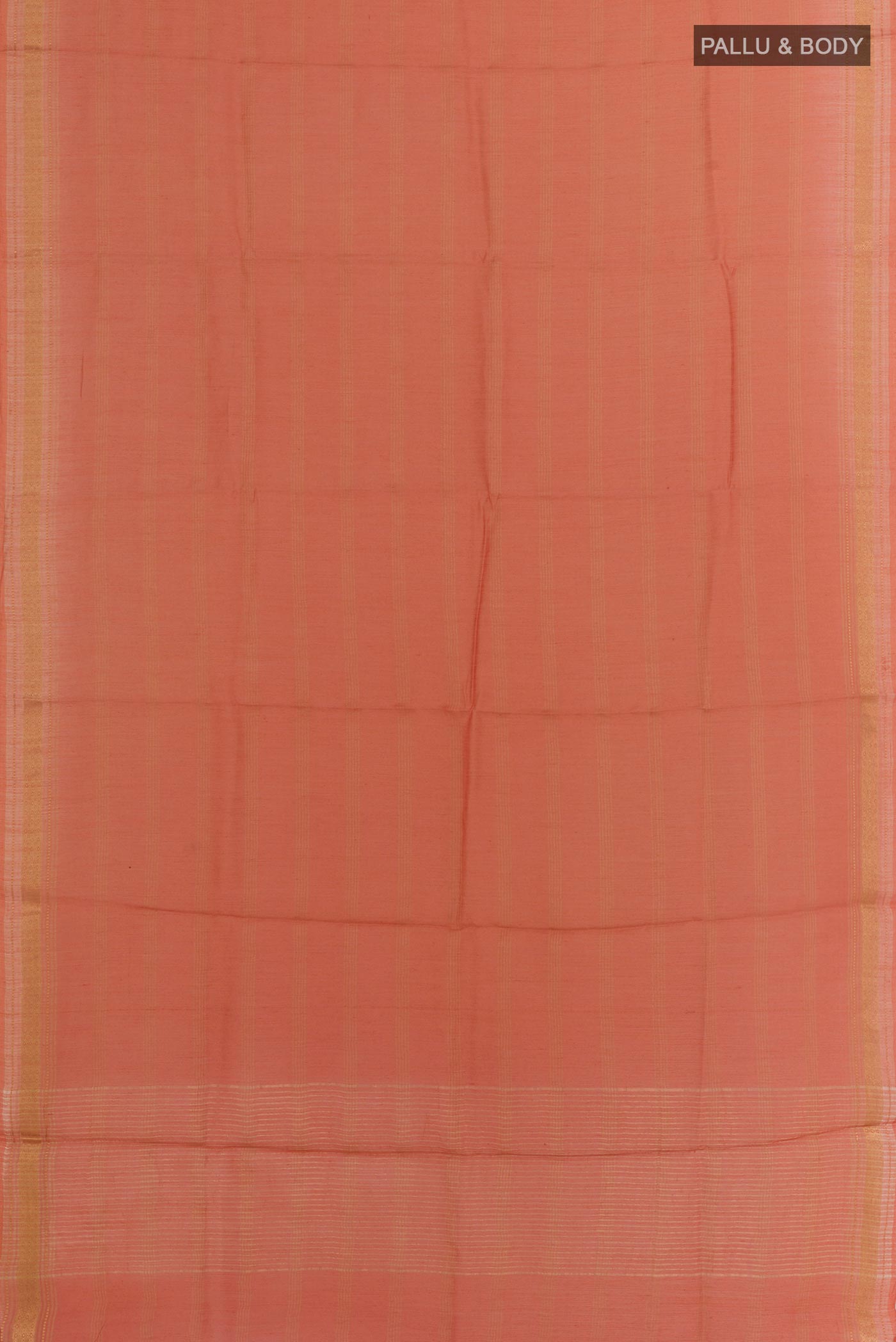Flat view of Peach Tussar Saree with Checked design on the body and Zari Border. 