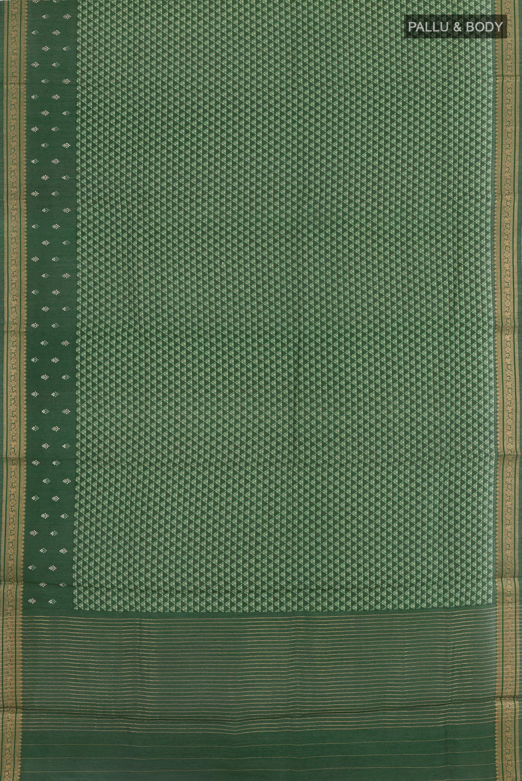 Flat view of Green Tussar Silk Saree with Printed design on the body and Zari Border. 