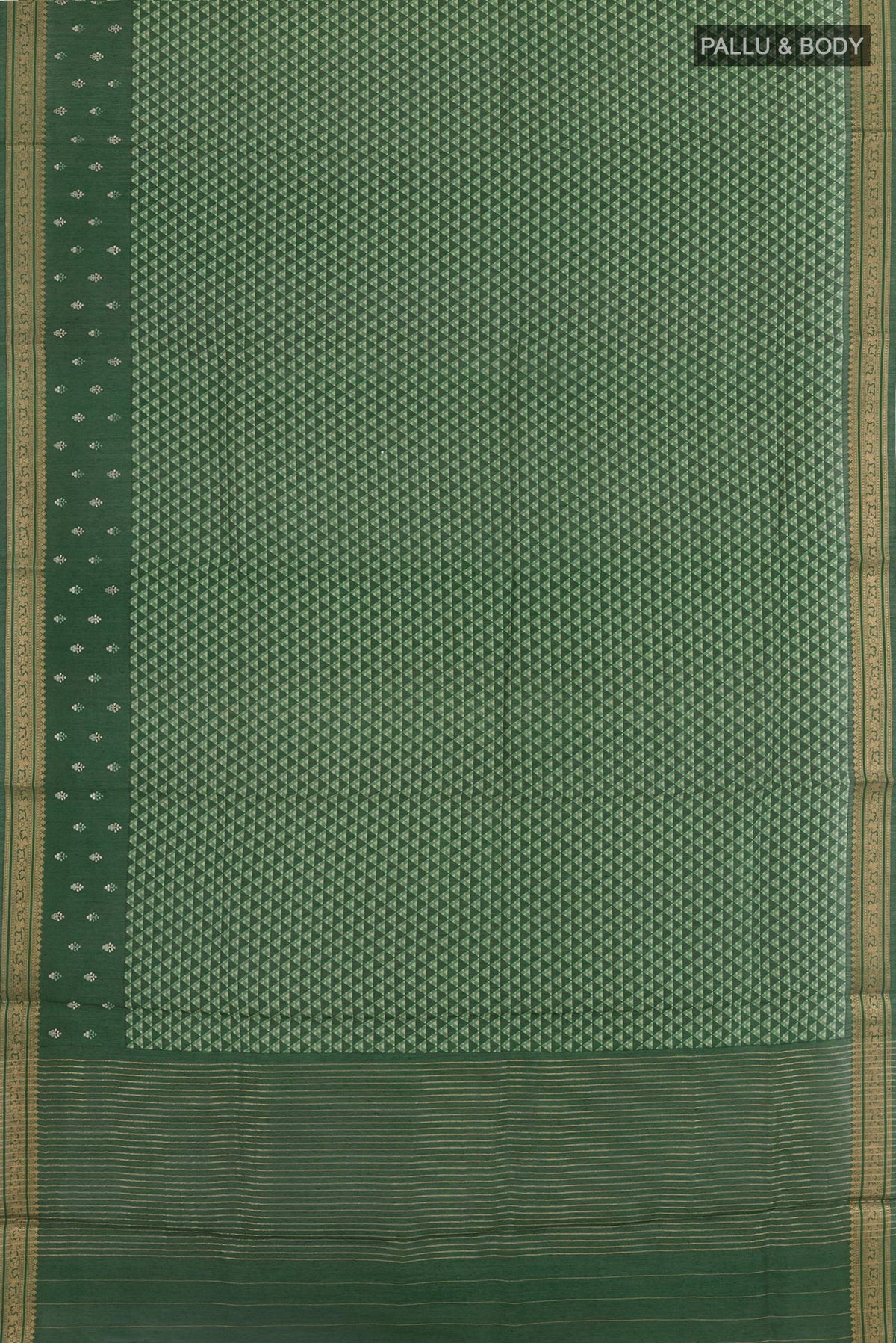 Flat view of Green Tussar Silk Saree with Printed design on the body and Zari Border. 