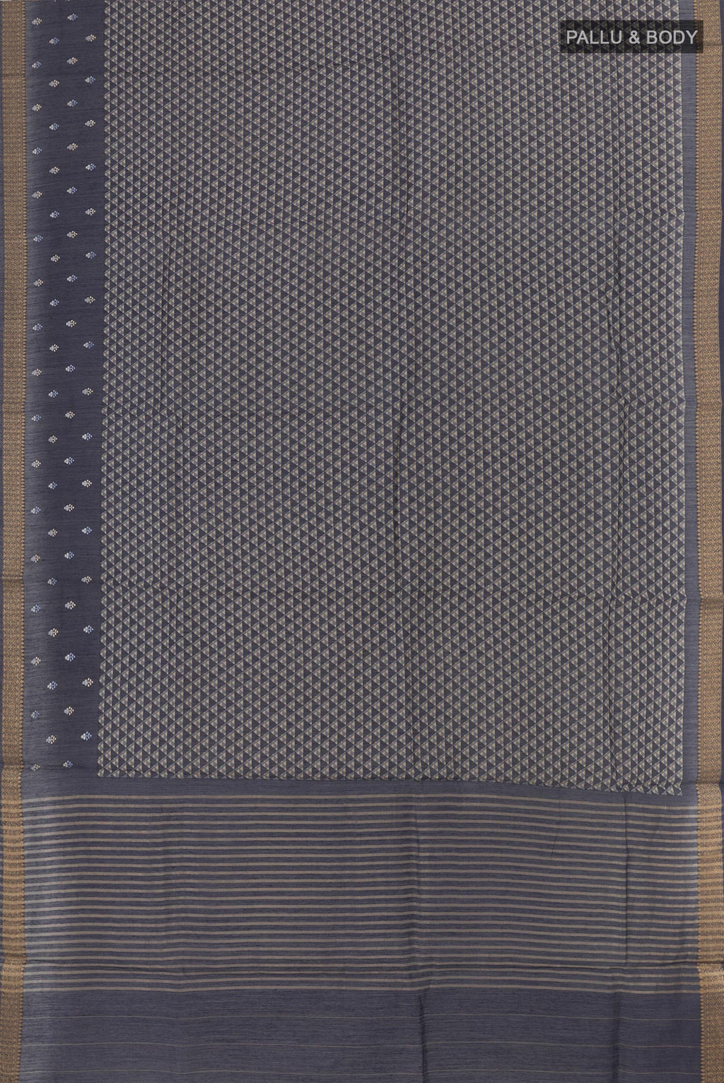 Flat view of Navy Blue Tussar Silk Saree with Printed design on the body and Zari Border. 