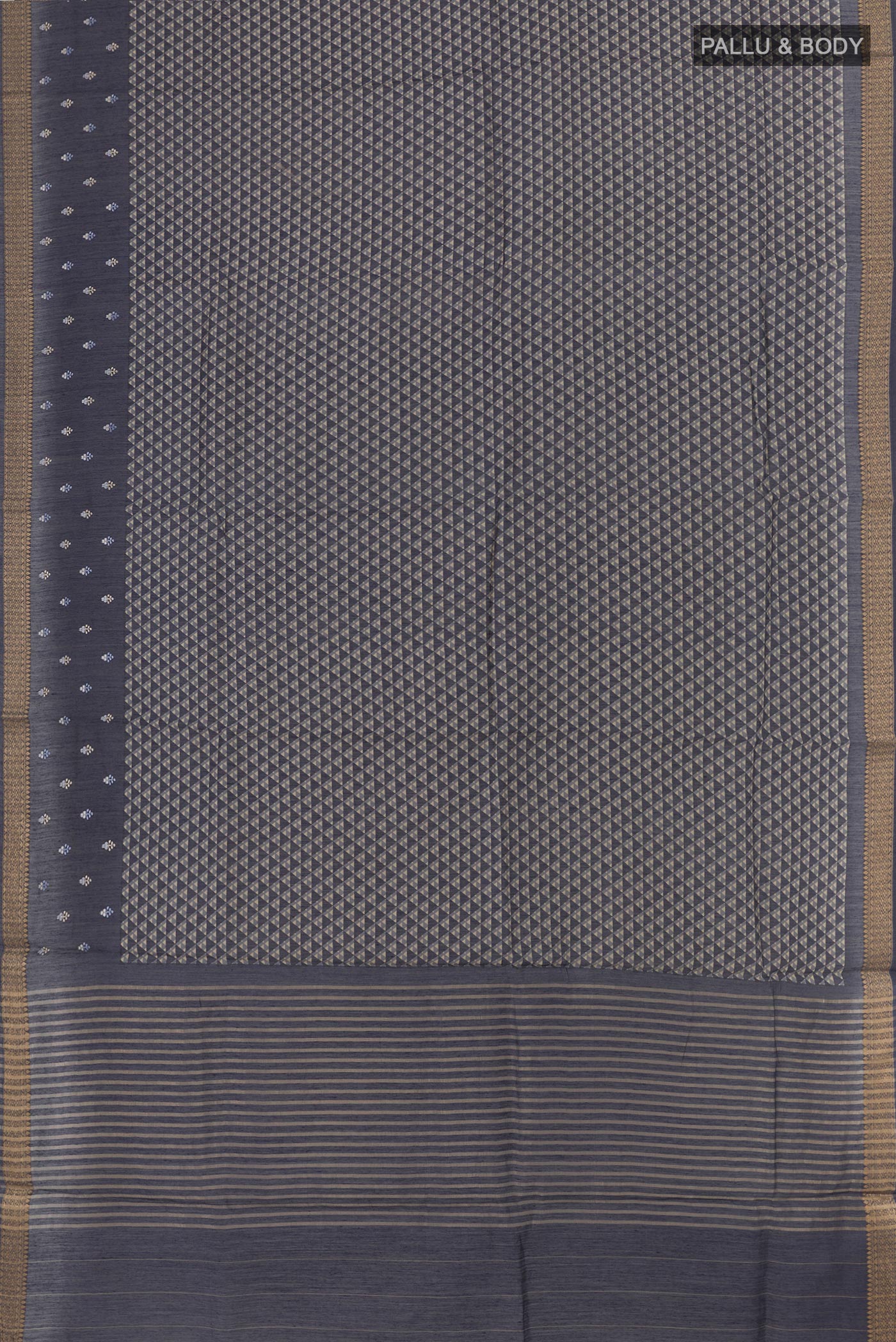 Flat view of Navy Blue Tussar Silk Saree with Printed design on the body and Zari Border. 