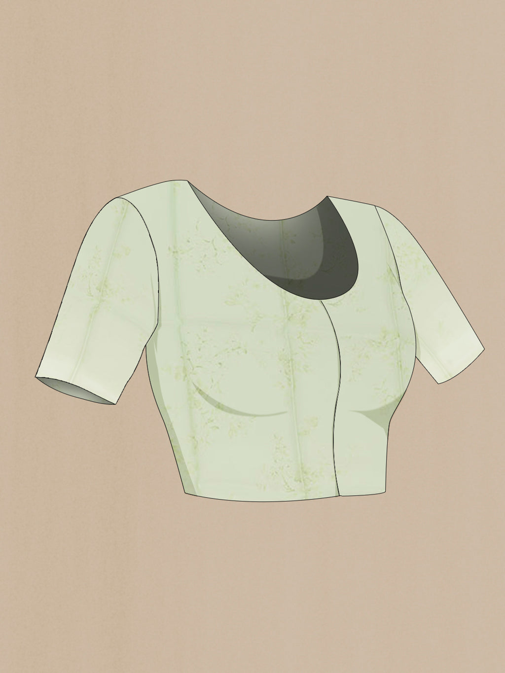 Close up image of the blouse of Green Organza Silk Saree with Printed design on the body and Plain Border. 