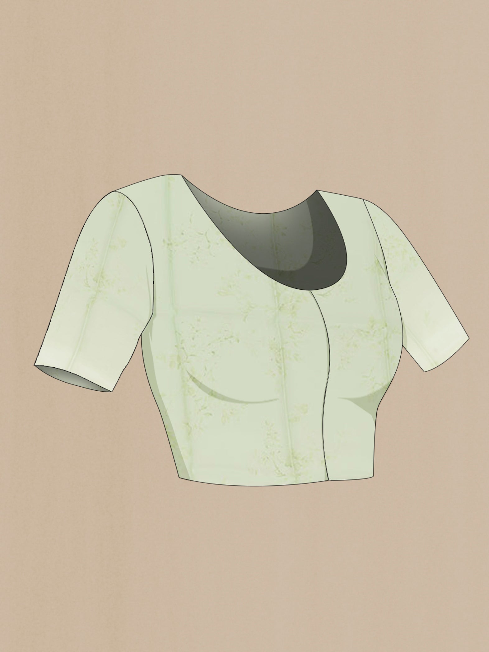 Close up image of the blouse of Green Organza Silk Saree with Printed design on the body and Plain Border. 