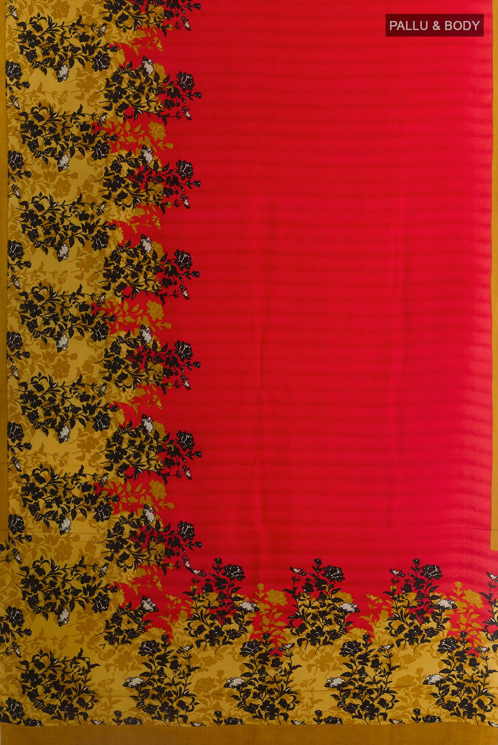 Flat view of Red Mysore Crepe Saree with Printed design on the body and Printed Border. 